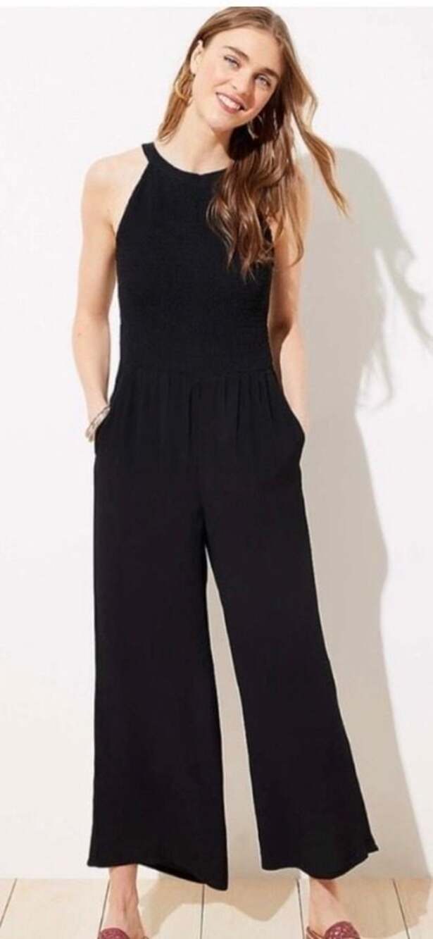 LOFT Black Sleeveless Wide-Leg Jumpsuit